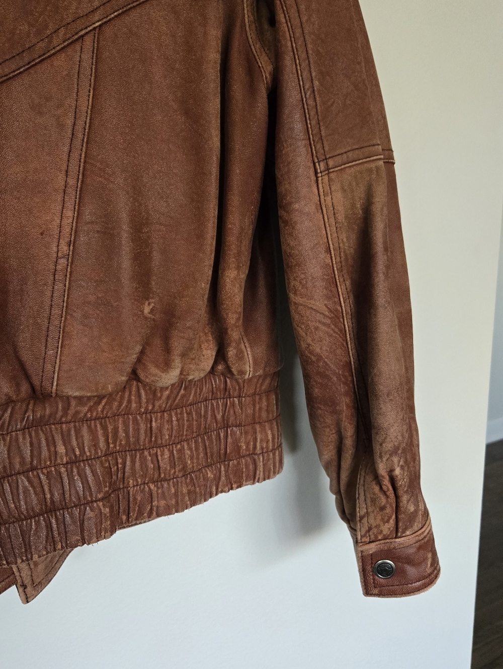 Vintage Style Brown Leather Jacket Distressed Patina Italy Buttons - Picture 9 of 10